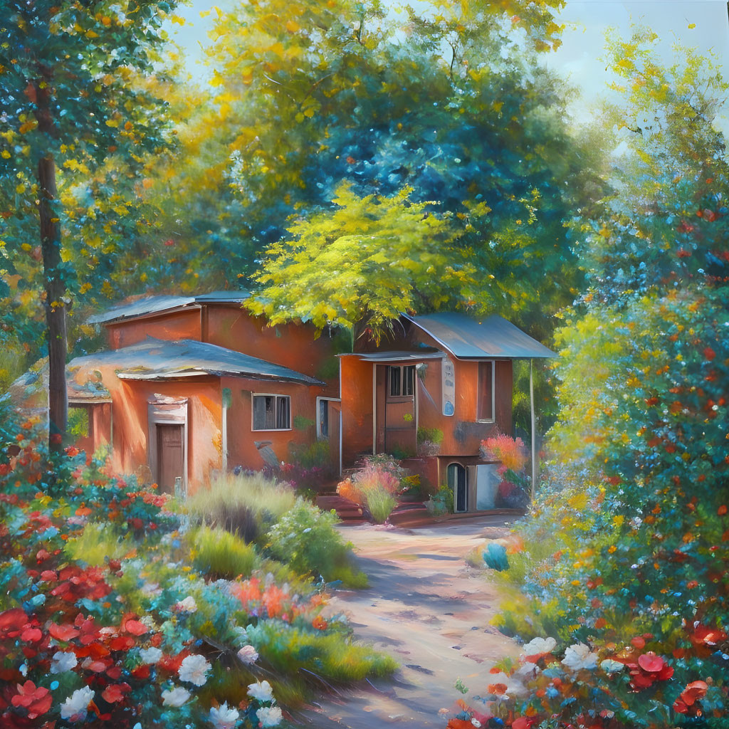 Colorful painting of house in nature with sunlit path