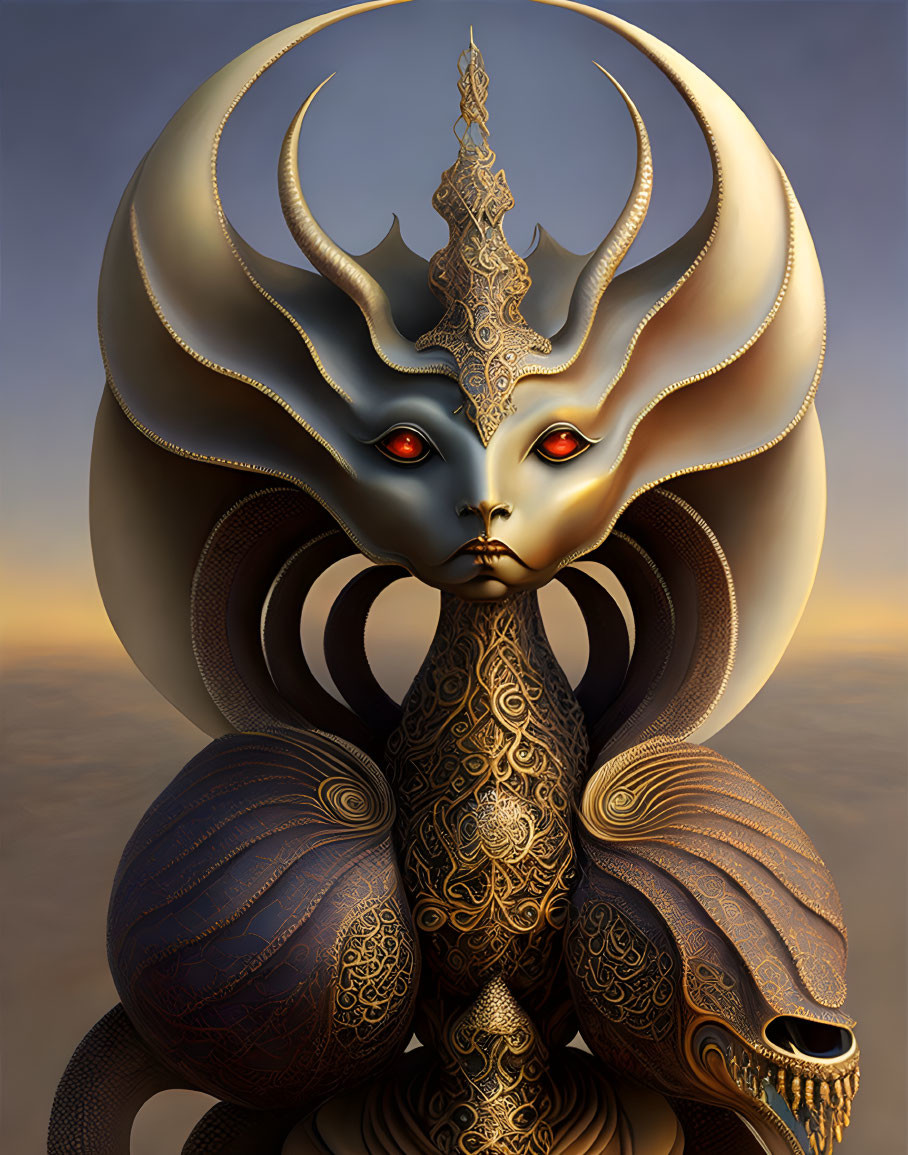 Intricate fantasy figure with horned mask and golden patterns on dusky sky