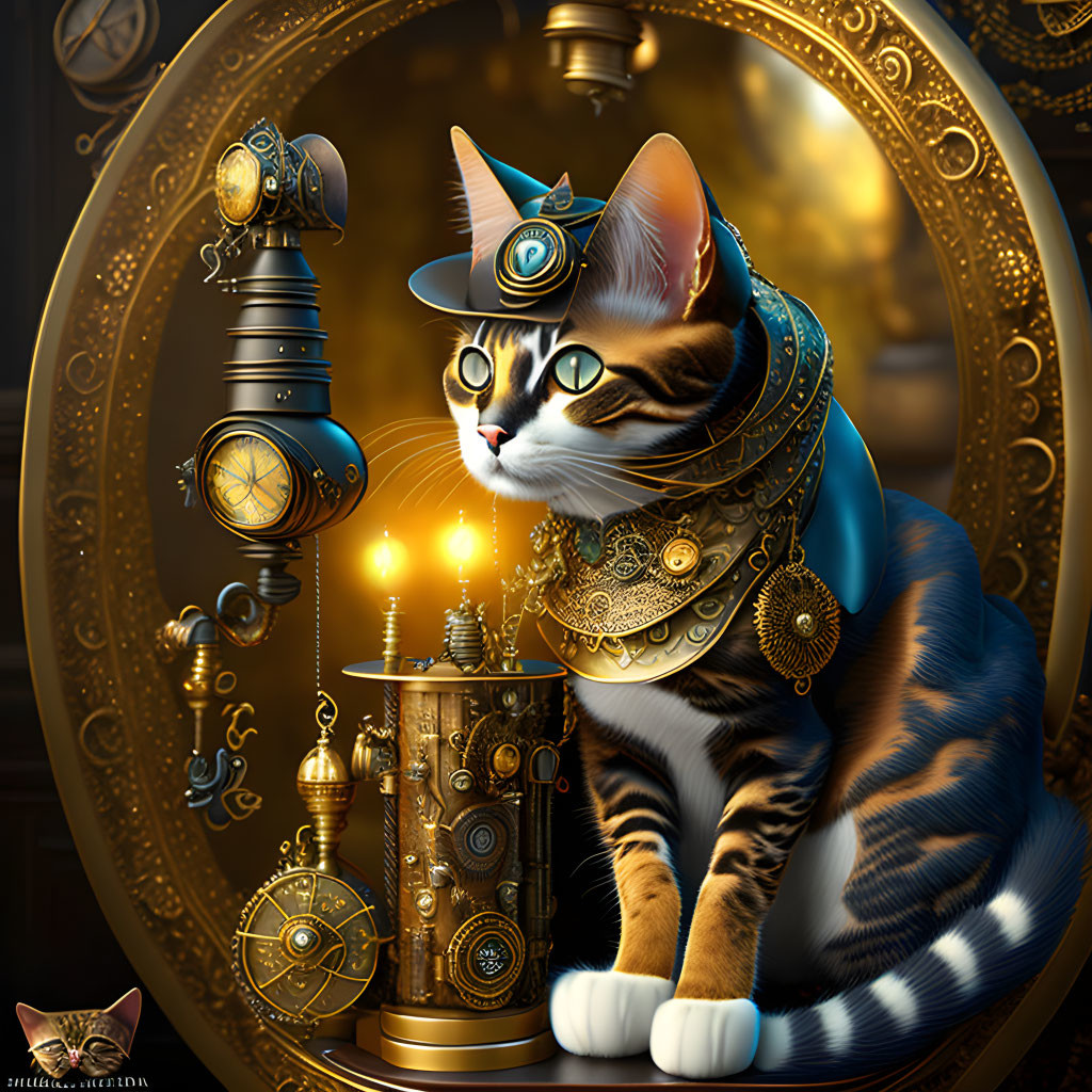 Steampunk-inspired cat with brass hat and collar among ornate gears and mechanical devices