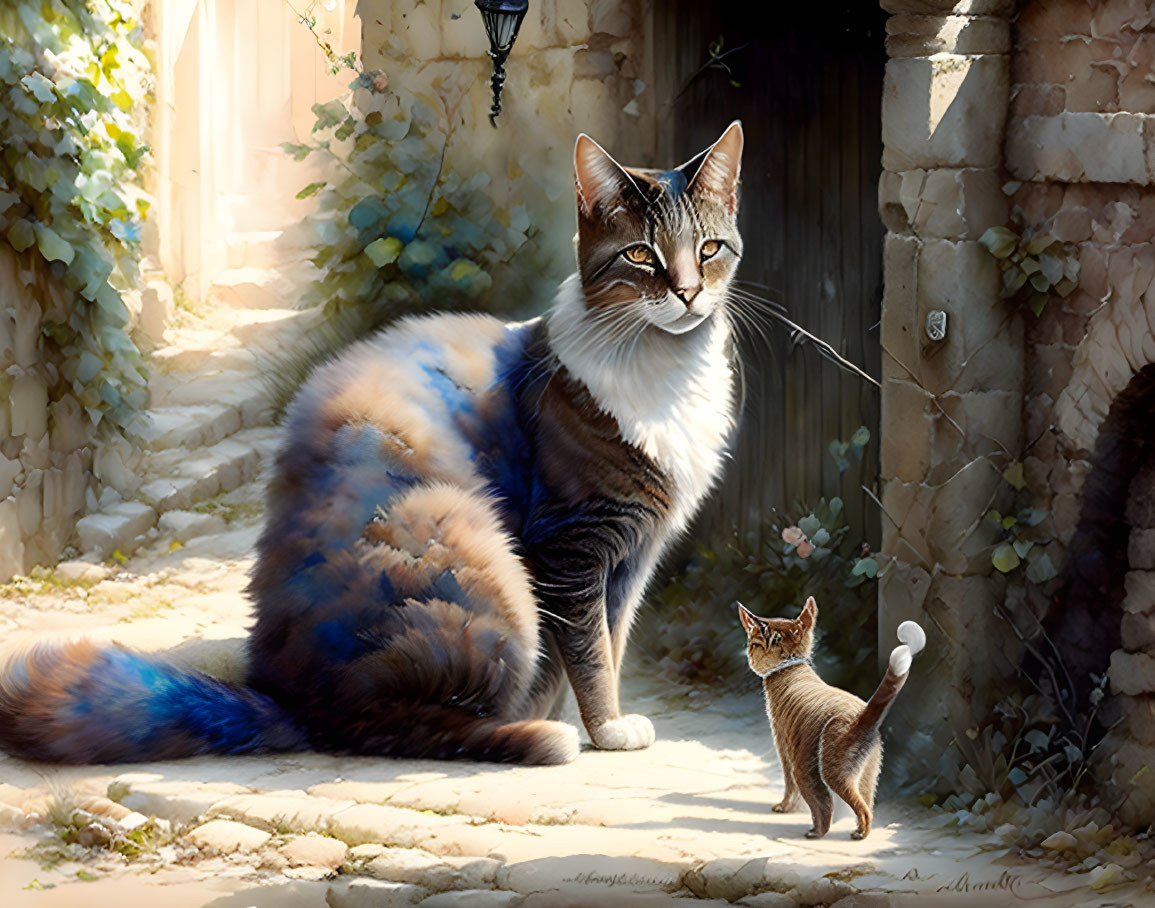 Striking Coat Large Cat and Tiny Kitten in Sunlit Alley