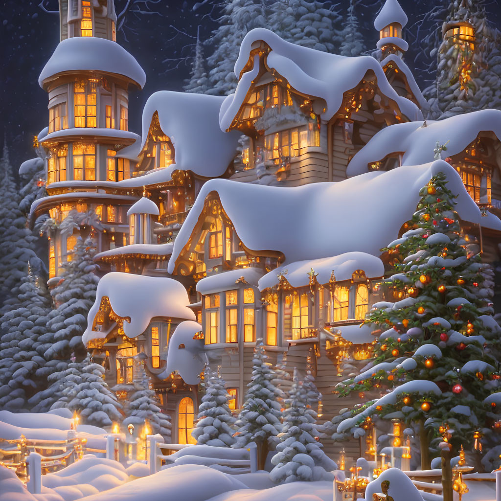 Snow-covered multi-story wooden house with Christmas decorations and glowing lights