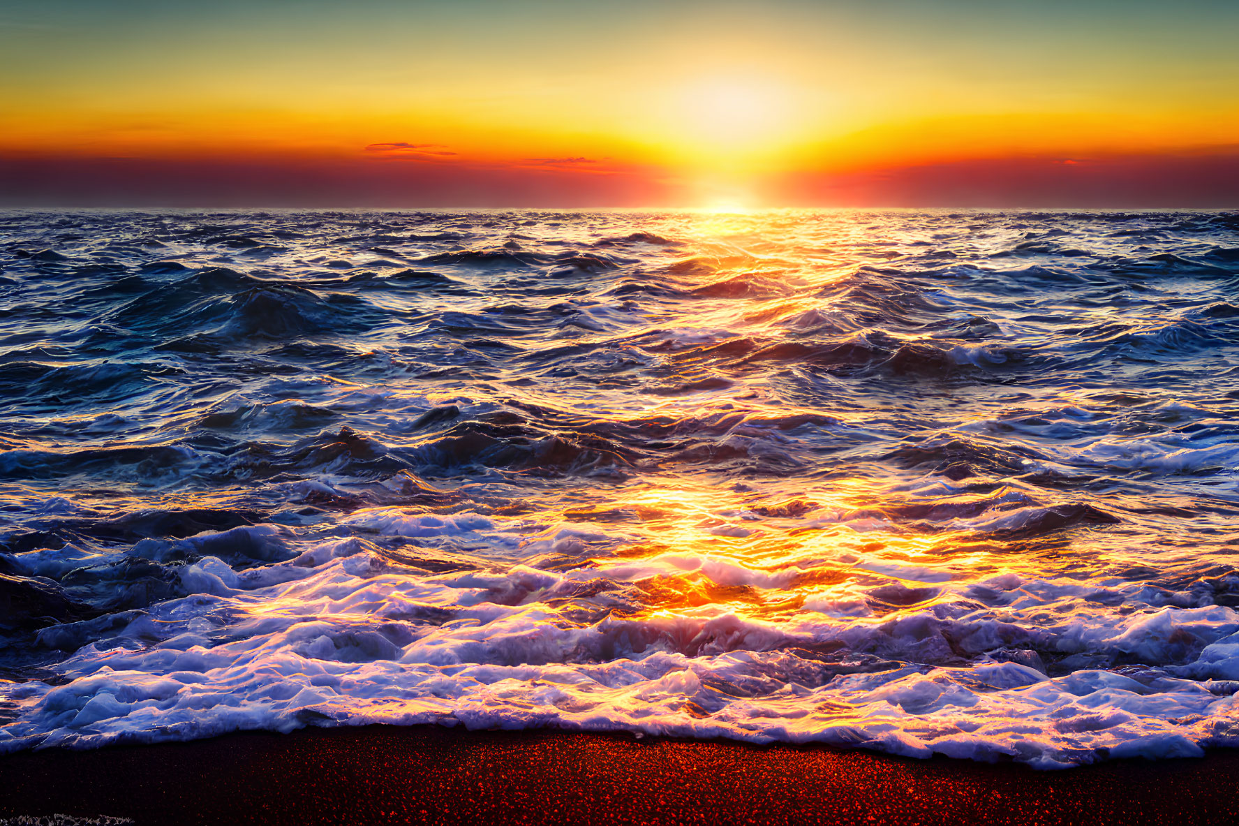 Vibrant sunset over tumultuous sea with crashing waves and fiery sky