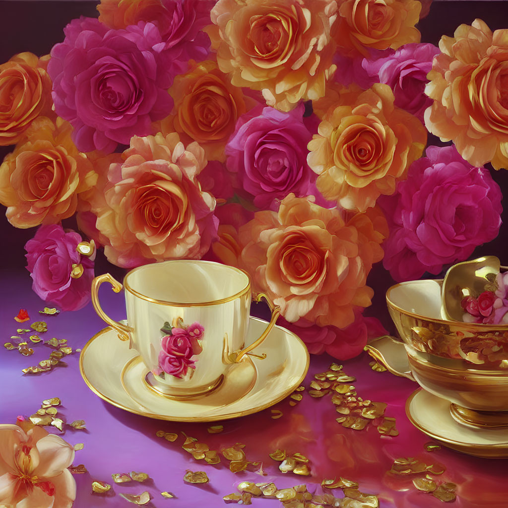 Luxurious Pink and Orange Rose Bouquet with Gold-trimmed Teacups