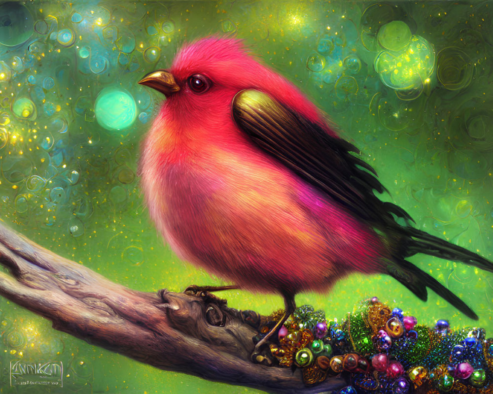 Colorful illustration of red cardinal bird on branch with bubbles and beads