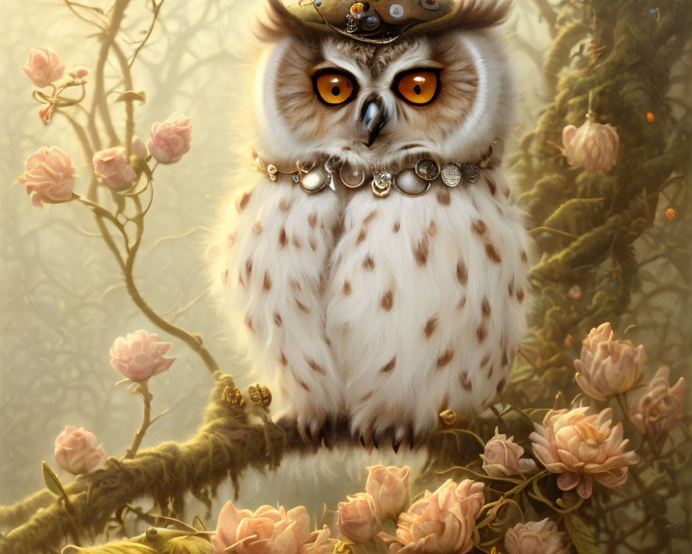 Fantasy owl illustration with steampunk goggles in mystical forest