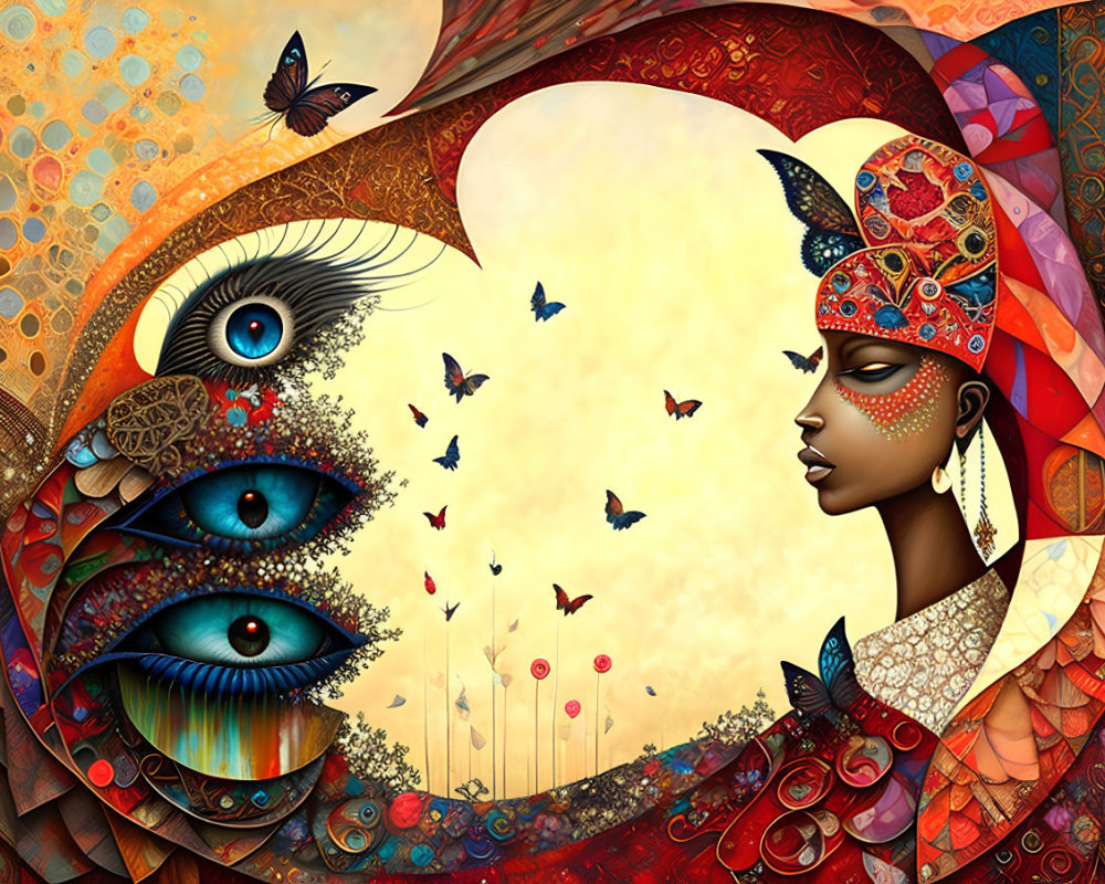 Colorful surreal illustration of adorned woman with headdress and nature motifs