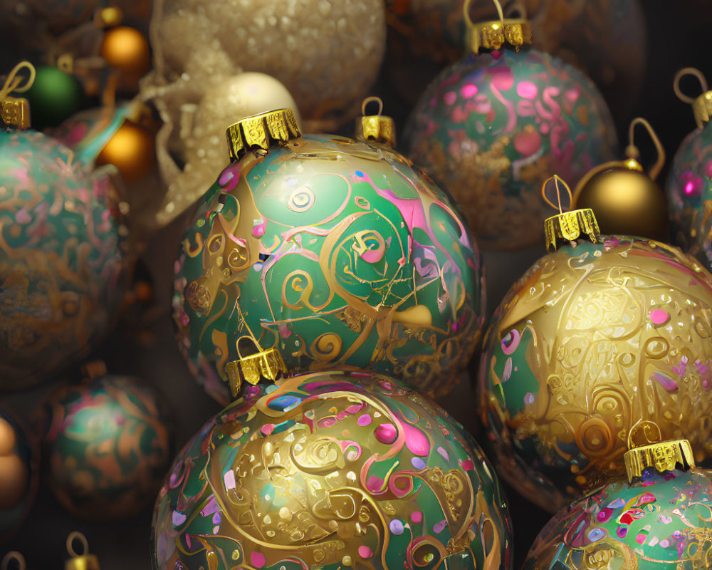 Cluster of Intricate Gold, Pink, and Turquoise Christmas Balls
