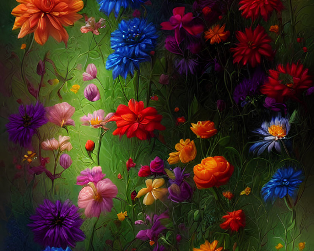 Assorted colorful flowers in full bloom against a dark, moody background