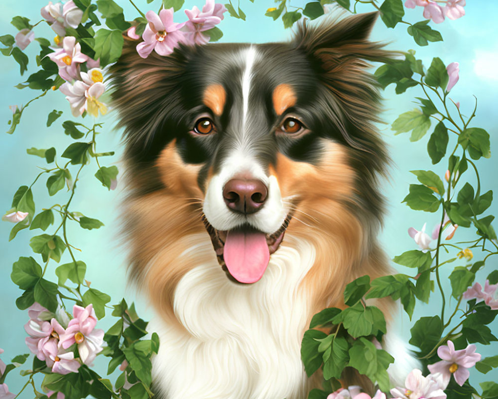 Fluffy Australian Shepherd Surrounded by Pink Flowers