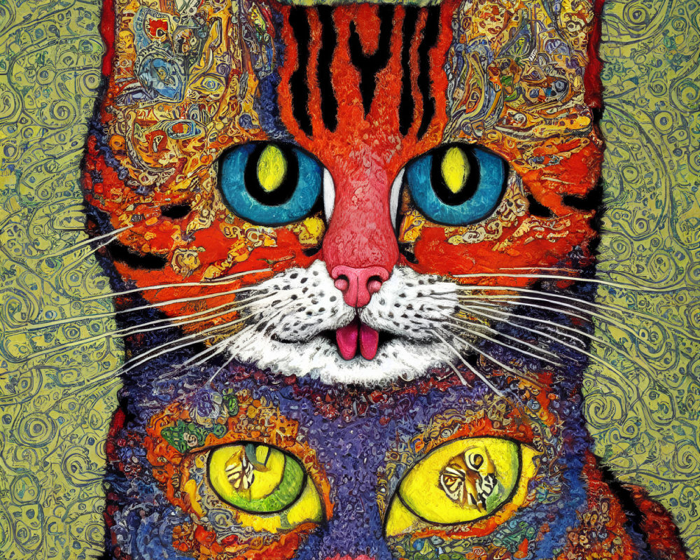 Colorful Mosaic Cat Illustration with Bright Blue Eyes