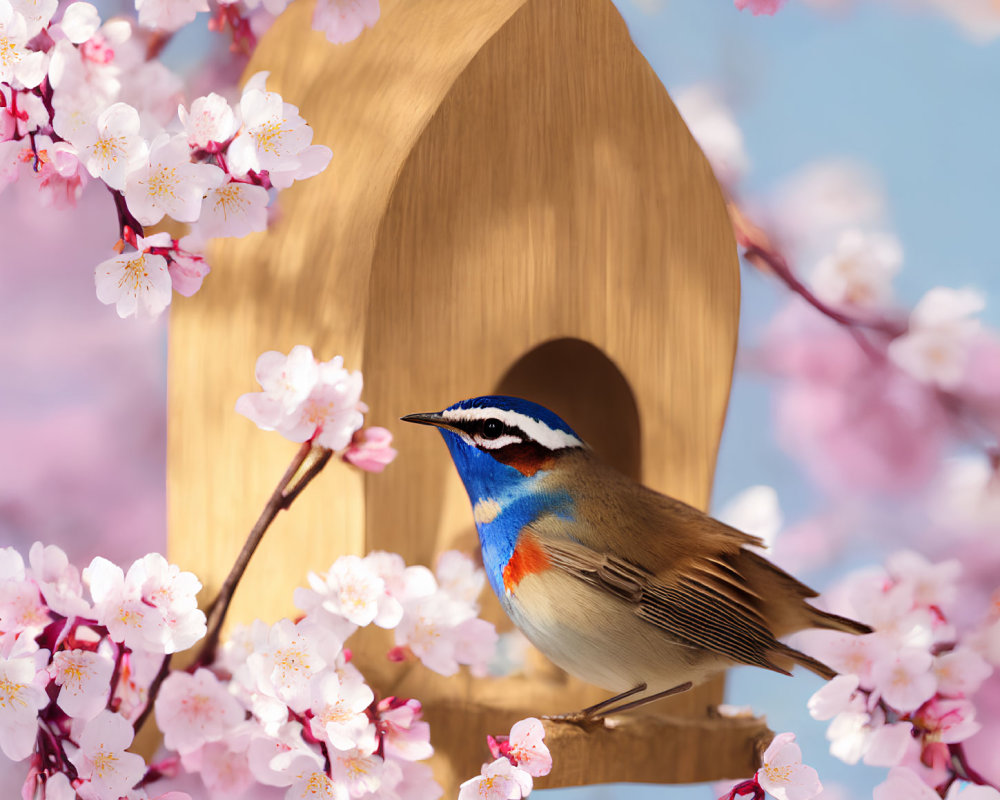 Colorful Bird on Cherry Blossom Birdhouse Against Blue Sky