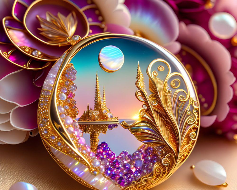 Gold and Pearl Compact Mirror with Fantasy Castle and Feather Design on Pink Background