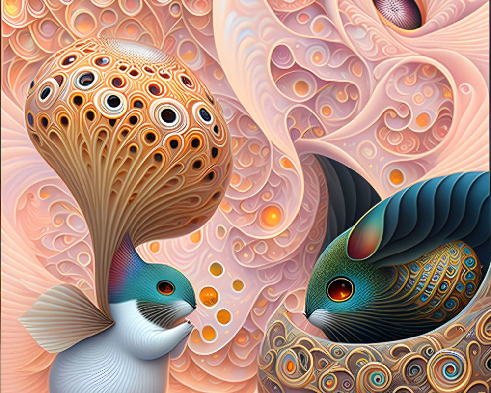 Psychedelic Fish and Ornate Creature in Colorful Fractal Scene