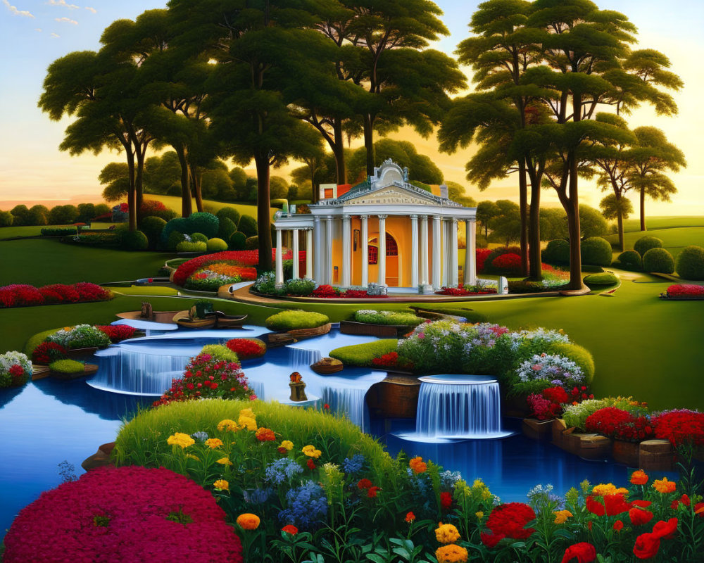 Lush Garden with Colorful Flowers, Waterfalls, and Pavilion at Sunset