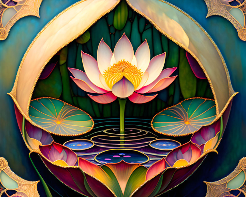 Symmetrical lotus flower digital painting with mandala patterns