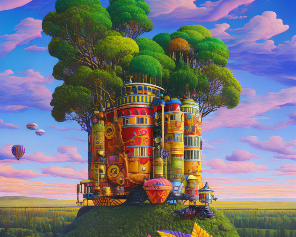 Colorful Steampunk House with Tree Canopies on Hill