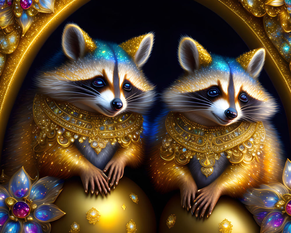 Stylized raccoons with golden collars on celestial background