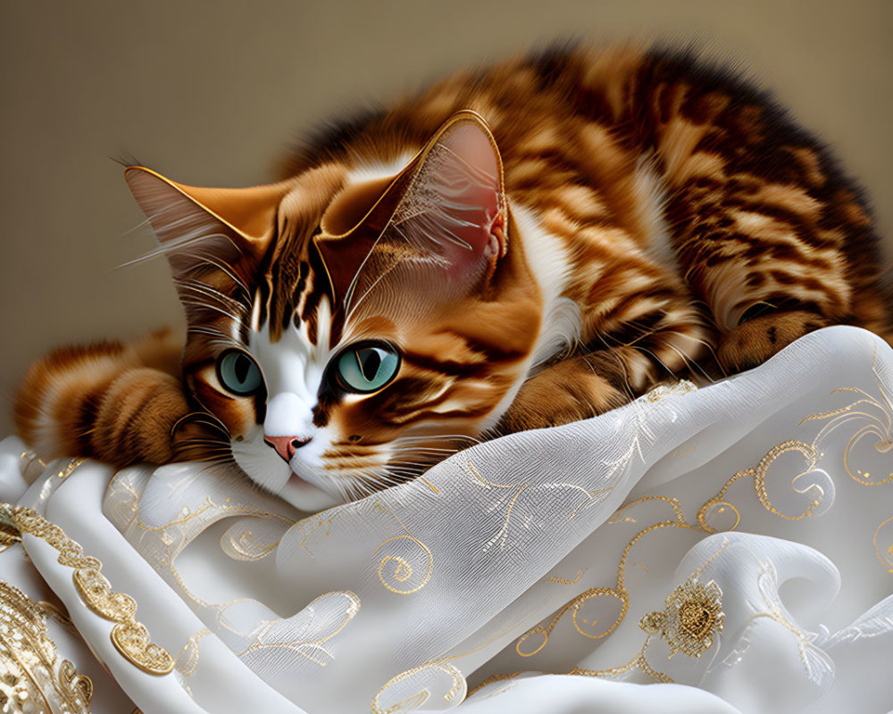 Striped Cat with Green Eyes Resting on White Fabric with Gold Embroidery