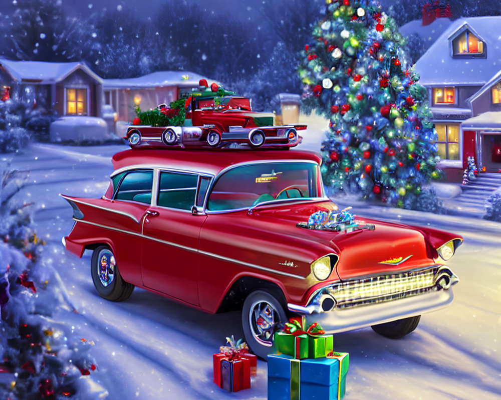 Red Classic Car with Gifts Parked Near Snowy Curb and Christmas Tree