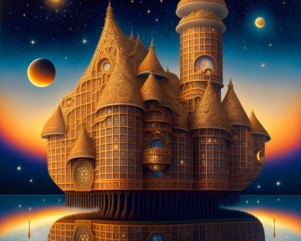 Ornate castle on floating platform in twilight sky