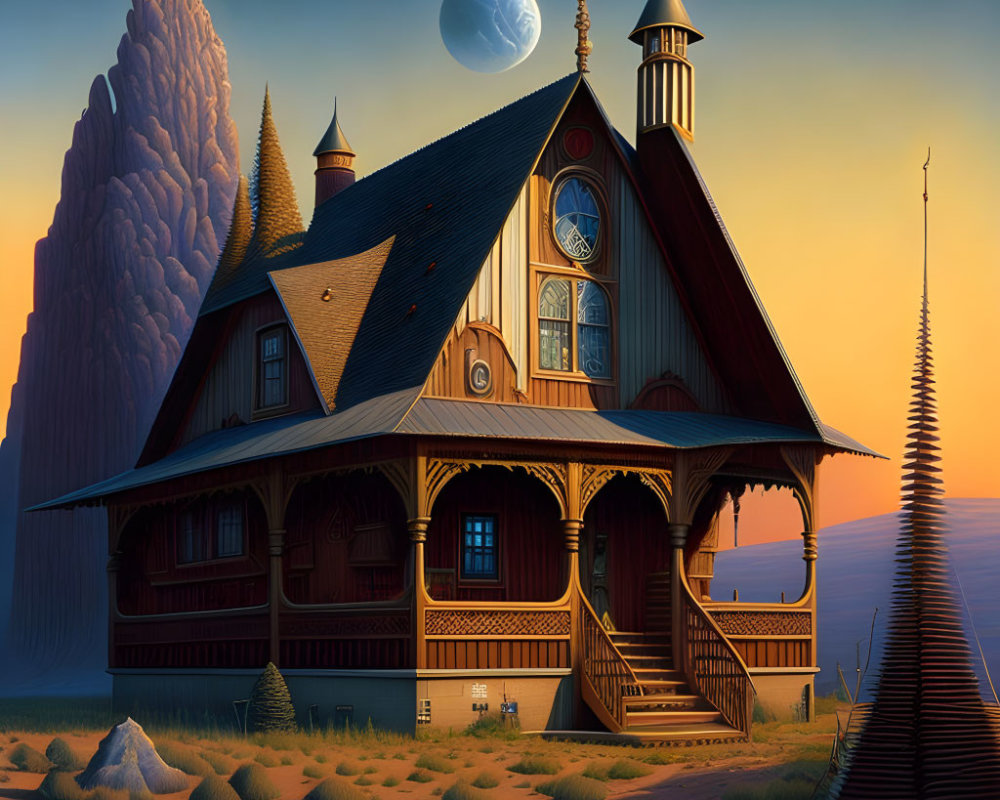 Ornate wooden house with clock tower in desert landscape at dusk