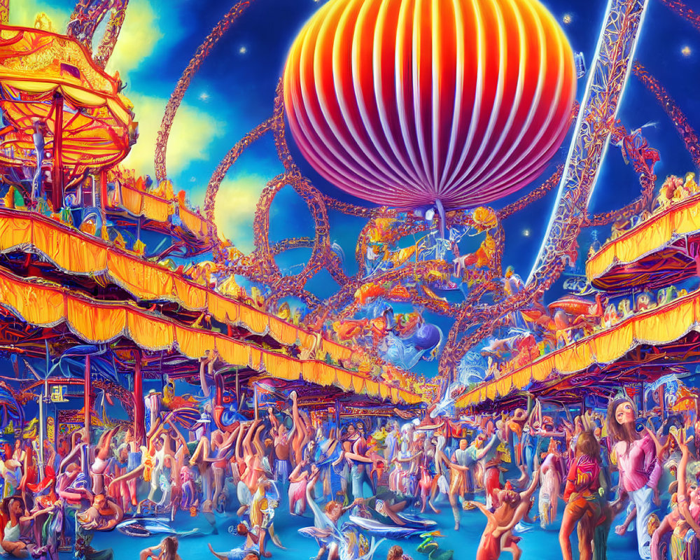 Colorful carnival scene with hot air balloon under starry sky