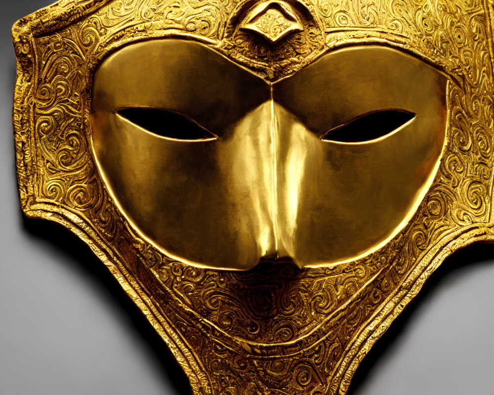 Intricate Golden Mask with Eye Cutouts and Crest on Dark Background