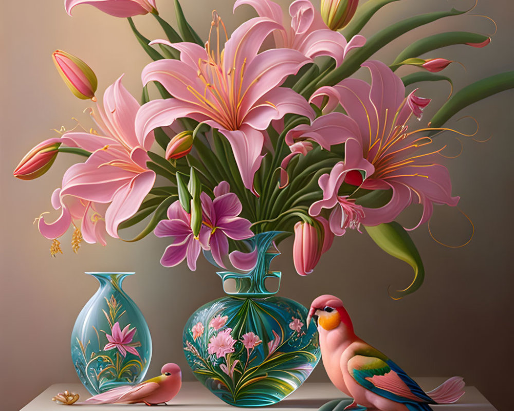 Colorful illustration of pink lilies, vase, bird, ruler