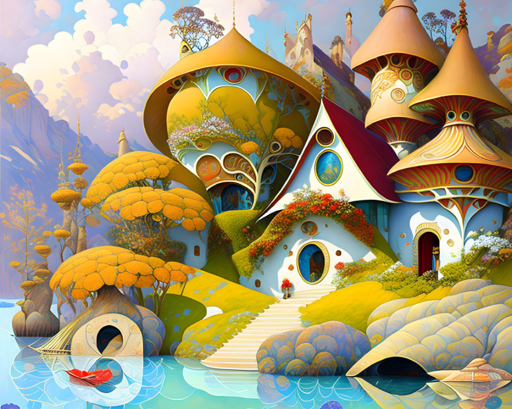 Colorful Fantasy Landscape with Organic Houses, Boat, and Fantastical Trees