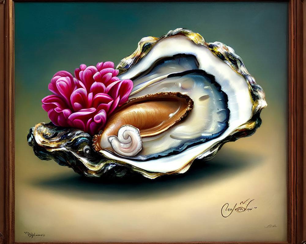 Hyperrealistic Painting of Open Oyster Shell, Pearl, and Chrysanthemum Displayed