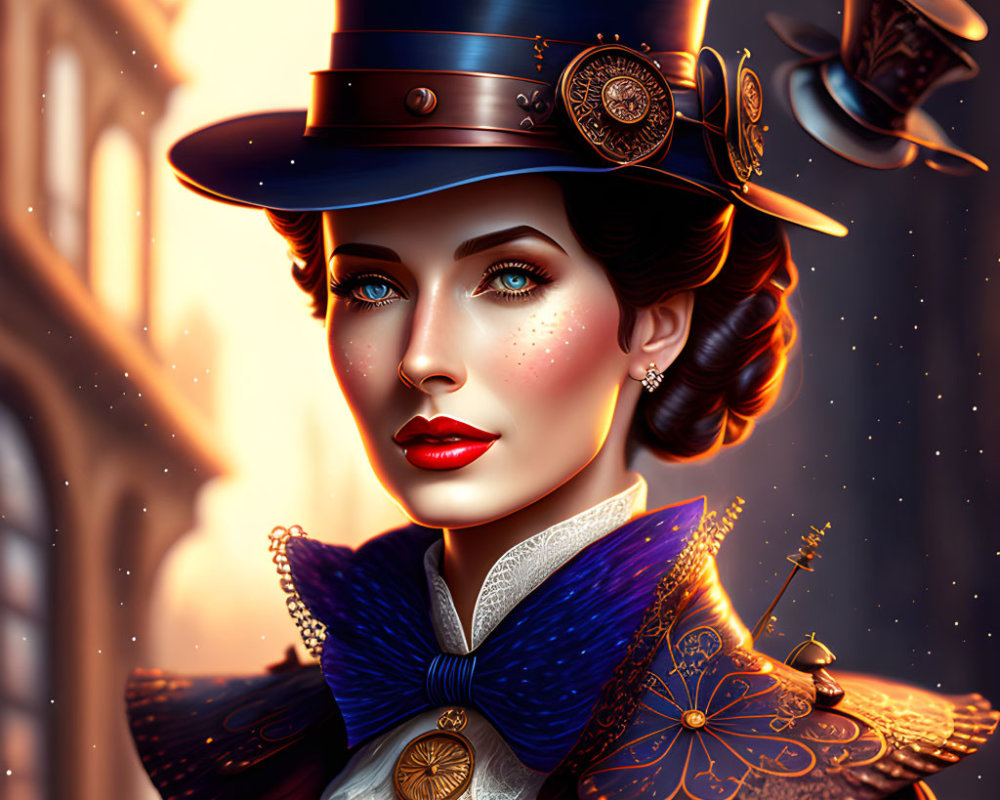 Digital illustration of woman with blue eyes in steampunk attire