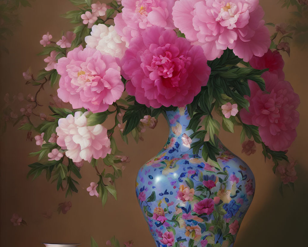 Pink peonies in blue vase with scattered petals on warm backdrop