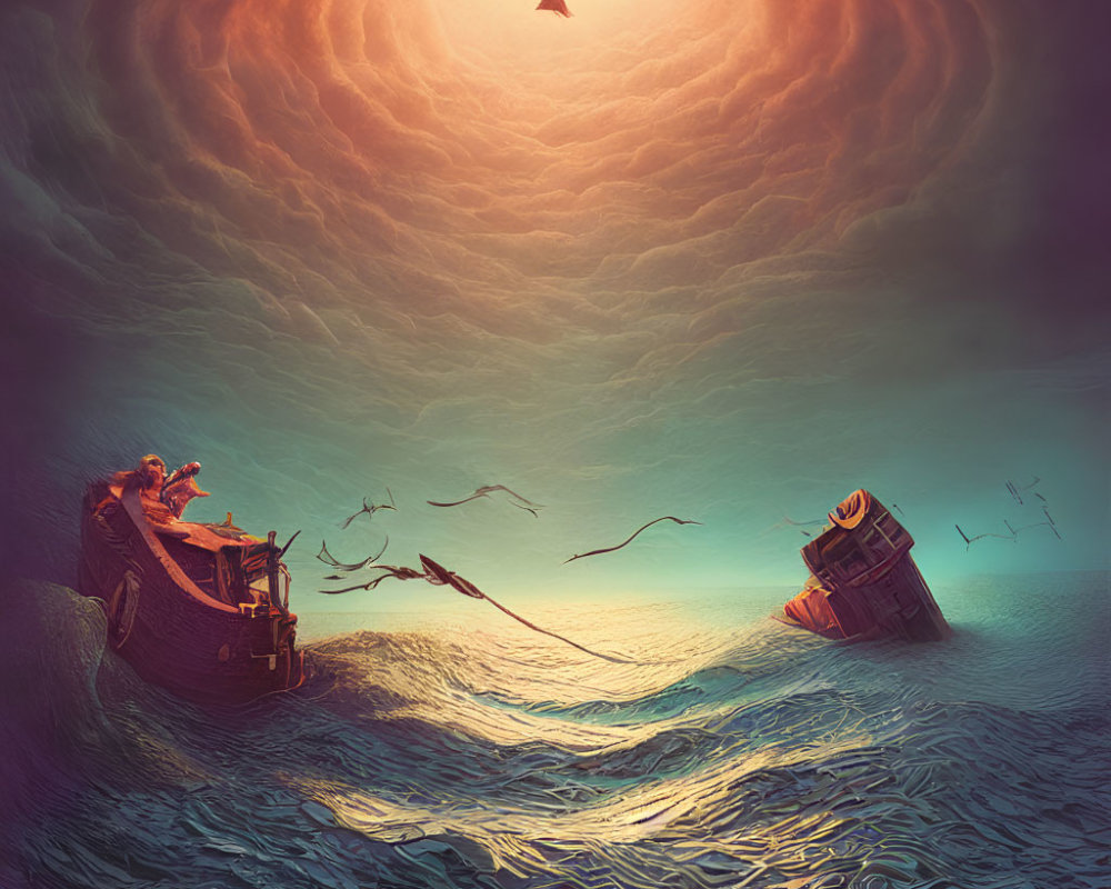 Surreal seascape with two boats, swirling sky, birds, glowing sun, and floating triangle