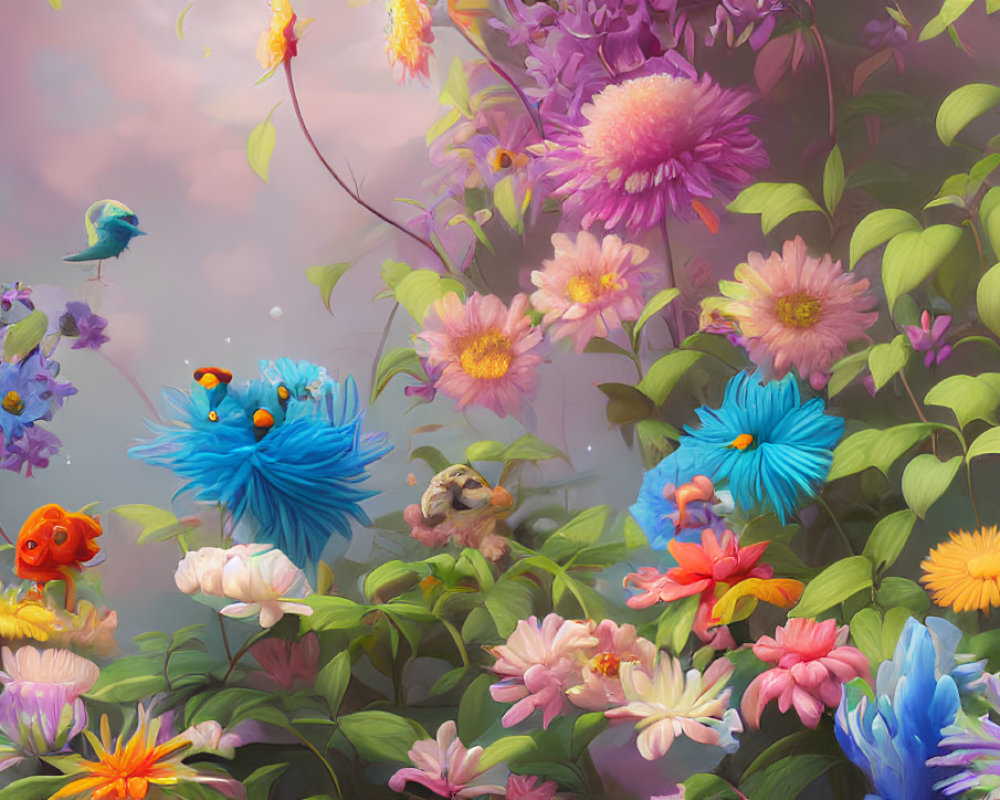 Colorful oversized flowers and whimsical creatures in a dreamy setting.