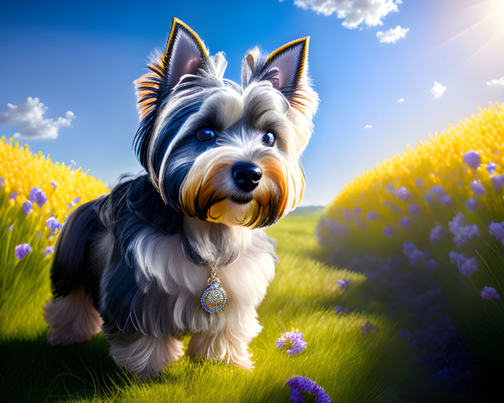 Digital art of Yorkshire Terrier with large eyes in sunny meadow with flowers and amulet.