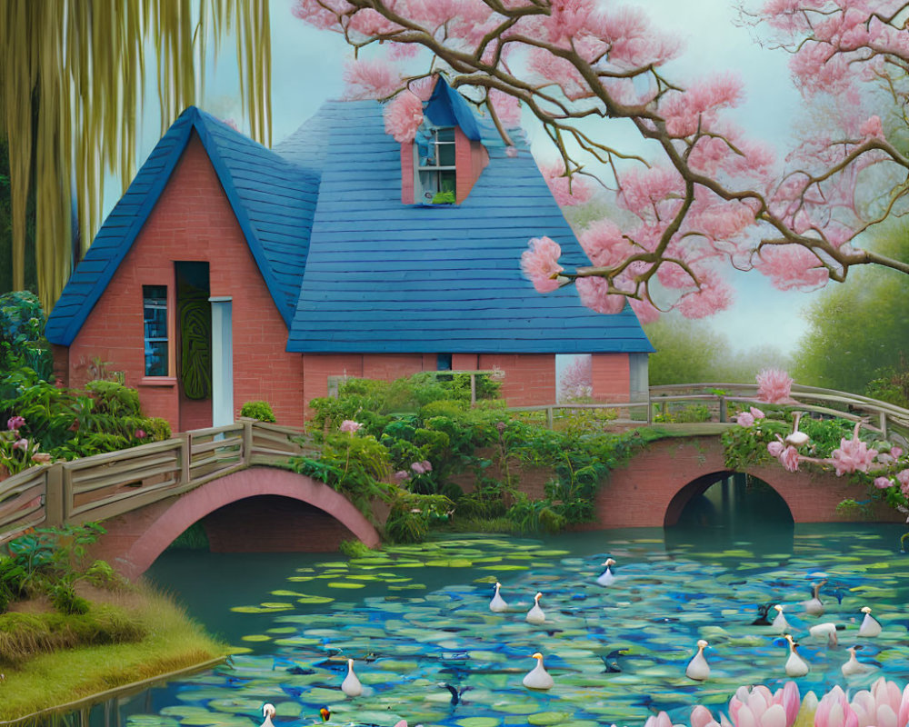 Red Brick Cottage with Blue Roof by Pond with Pink Water Lilies and Cherry Blossoms