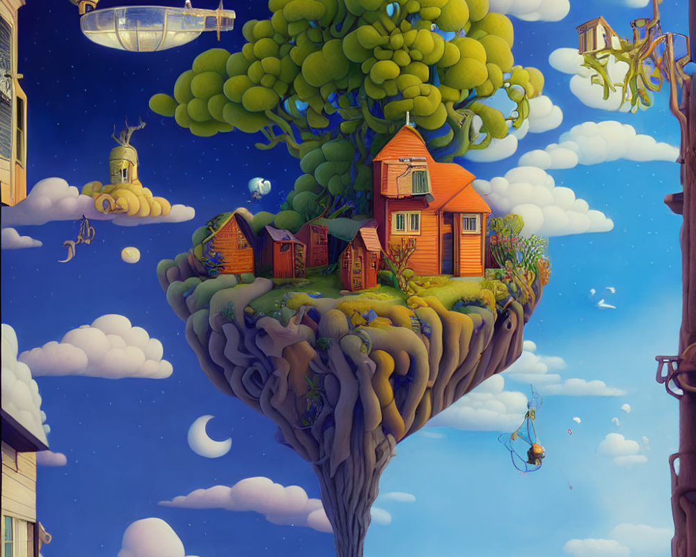 Floating island with quaint houses, trees, airships, and crescent moon