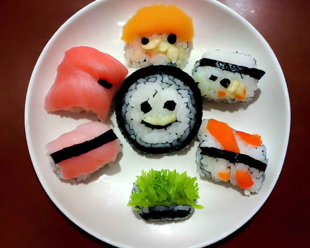 Assorted Sushi Plate with Creative Face Designs and Leaf Garnish