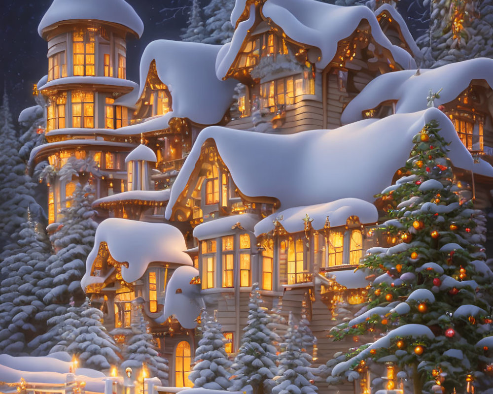 Snow-covered multi-story wooden house with Christmas decorations and glowing lights