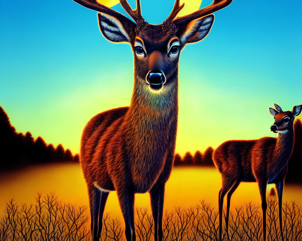 Illustration of majestic stag and doe in vibrant sunset with antlers like tree branches