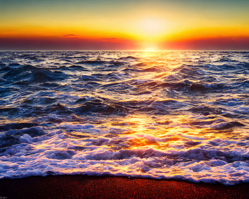 Vibrant sunset over tumultuous sea with crashing waves and fiery sky