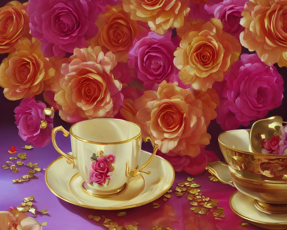 Luxurious Pink and Orange Rose Bouquet with Gold-trimmed Teacups