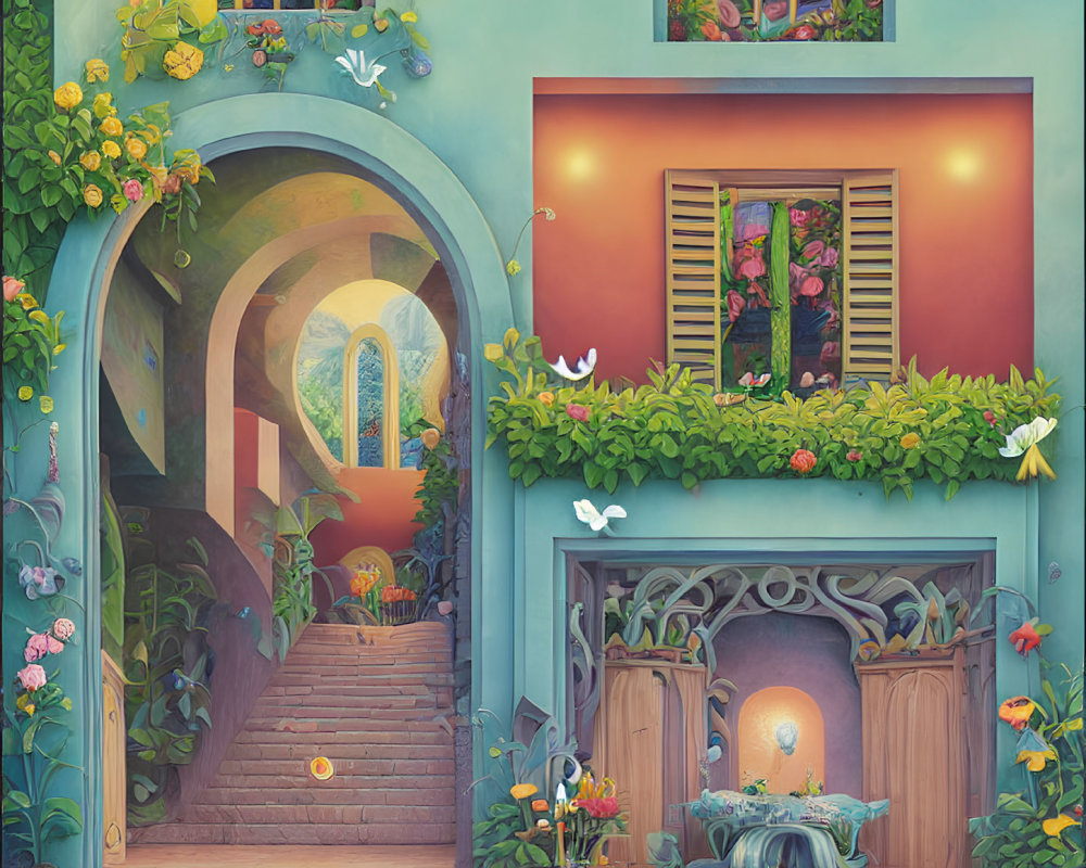 Whimsical house illustration with greenery, flowers, and butterflies