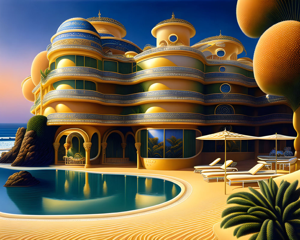 Opulent golden palace with domes by tranquil pool and ocean at dusk