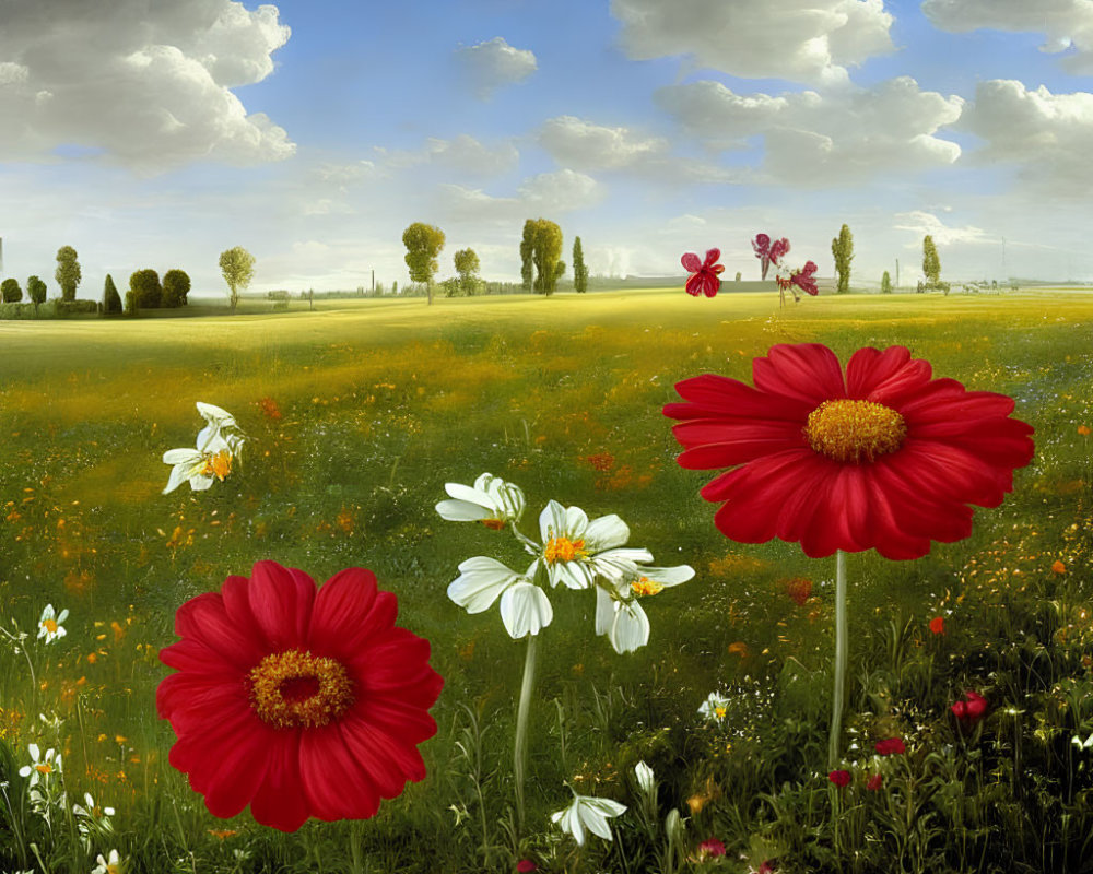 Colorful field painting with red and white flowers under a blue sky