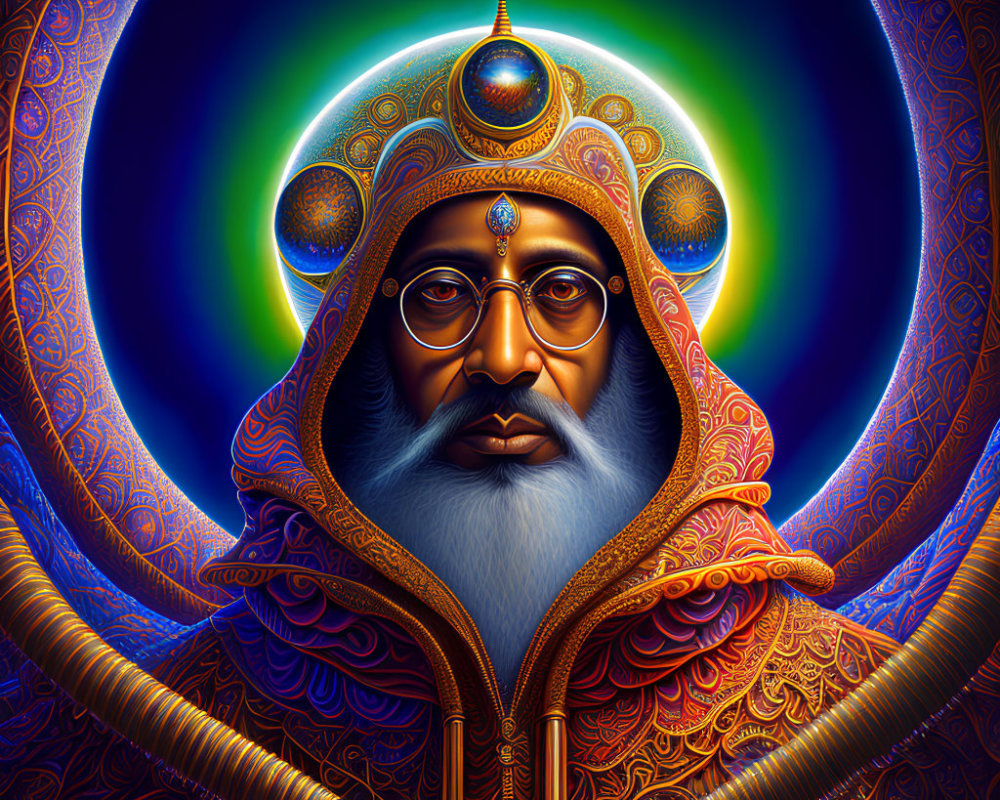 Colorful digital artwork: Bearded figure in regal attire with halo on dark blue background