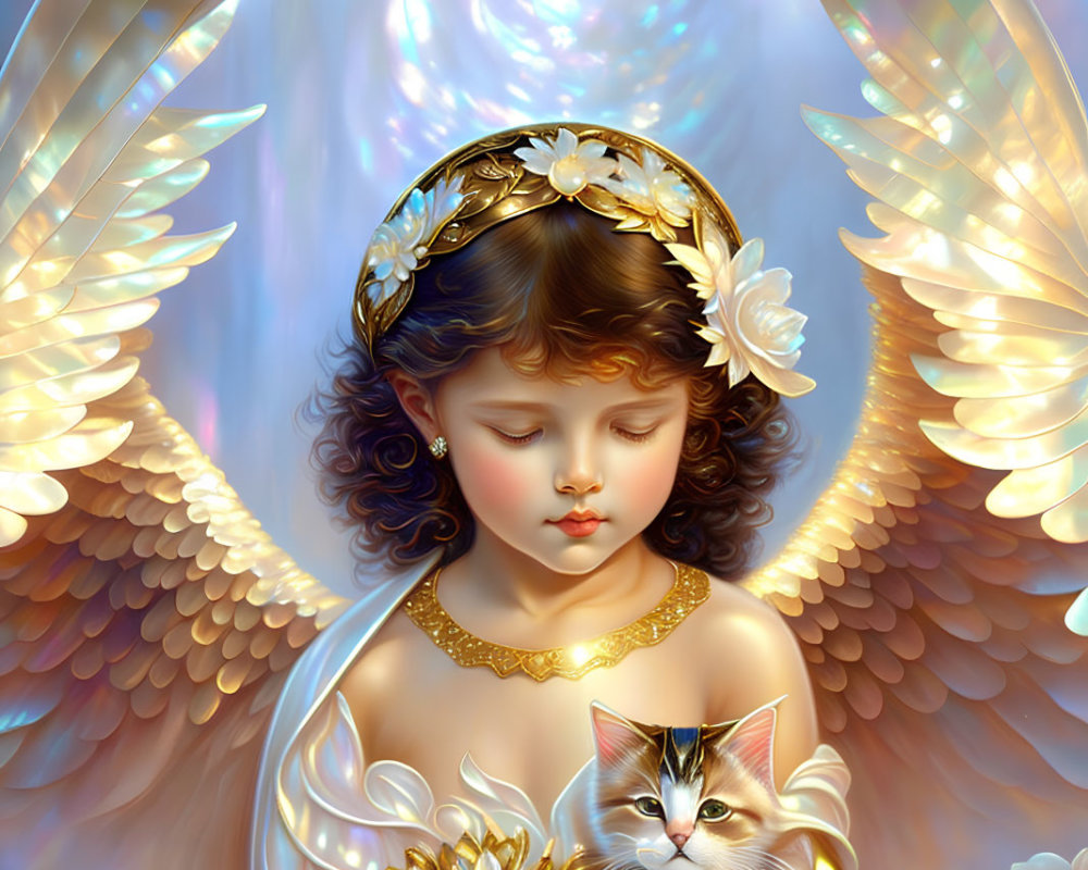 Golden-winged angelic girl with floral tiara holding a kitten in serene setting