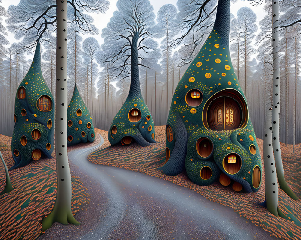 Whimsical blue tree houses in a fantasy forest setting