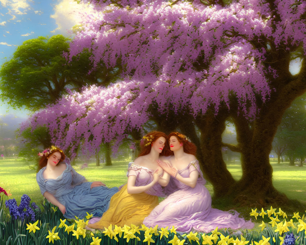 Three women in flowing dresses under pink tree in vibrant garden