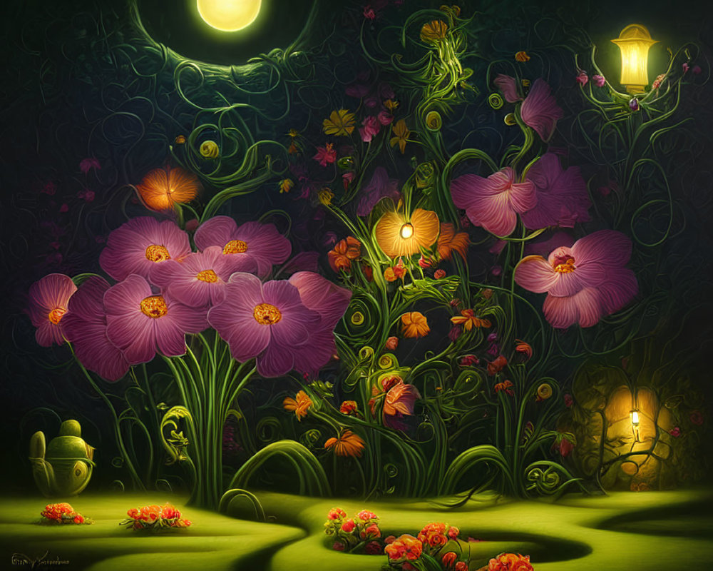 Nocturnal garden with glowing purple flowers and lanterns